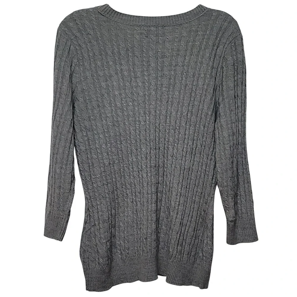 NY & Co Gray Cable Knit Button Shoulder Sweater 3/4 Sleeve Women's L Office Chic